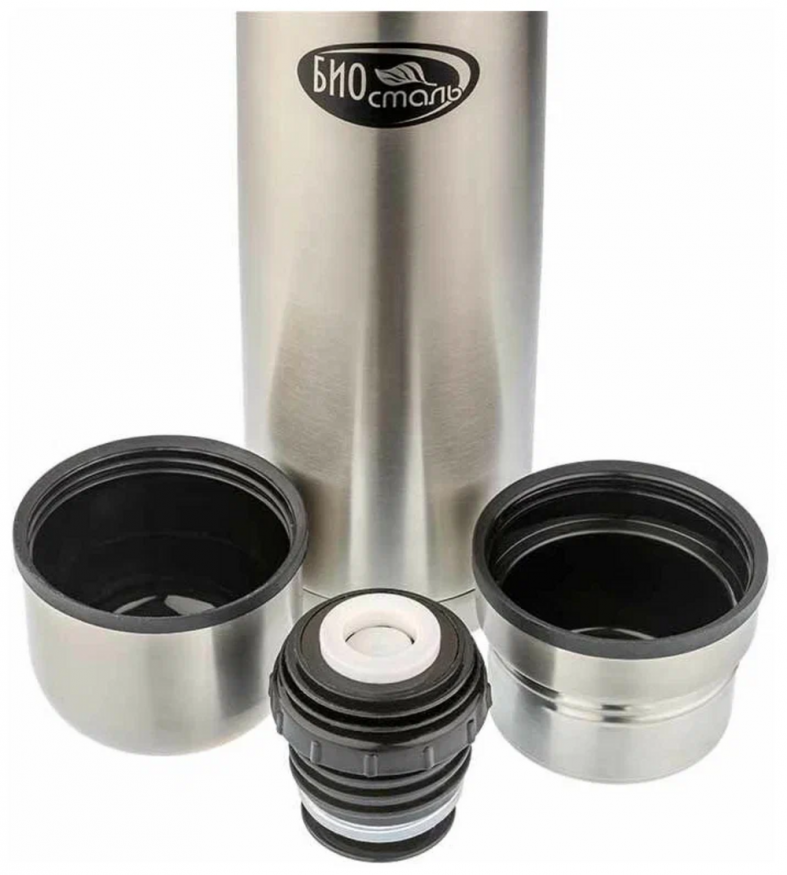 Термос Биосталь с узкой горловиной и пробкой с кнопкой, 2 чашки, 0,75 л